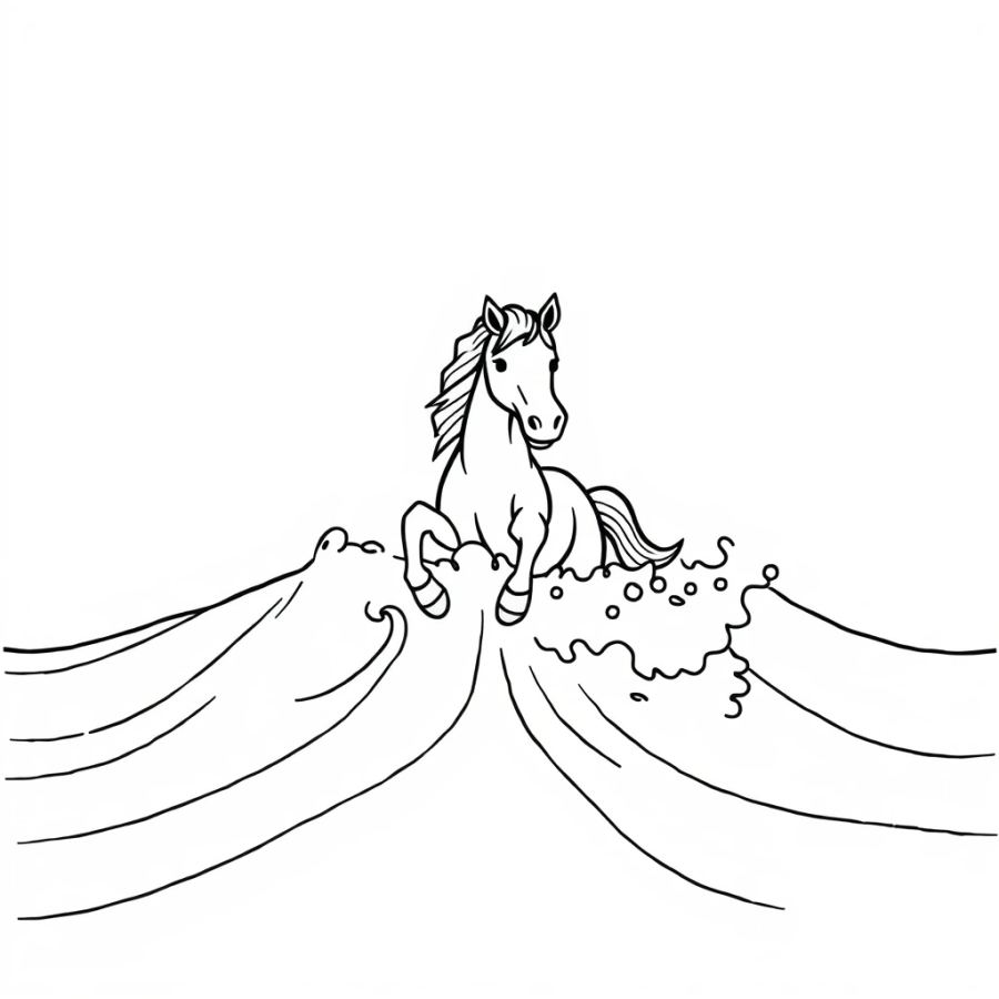 Horse Emerging From The Ocean Waves Coloring Page