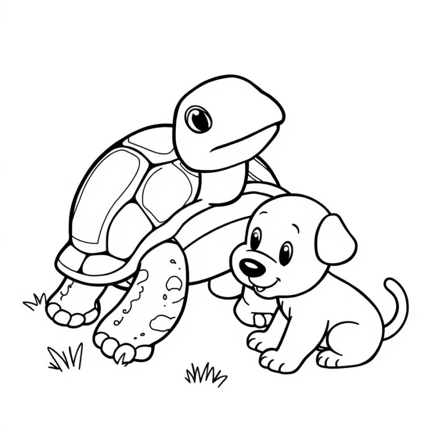 Turtle Playing With A Puppy Coloring Page