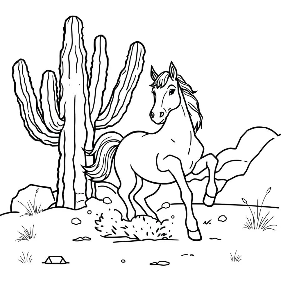 Horse Kicking Up Dust Next To A Giant Cactus Coloring Page