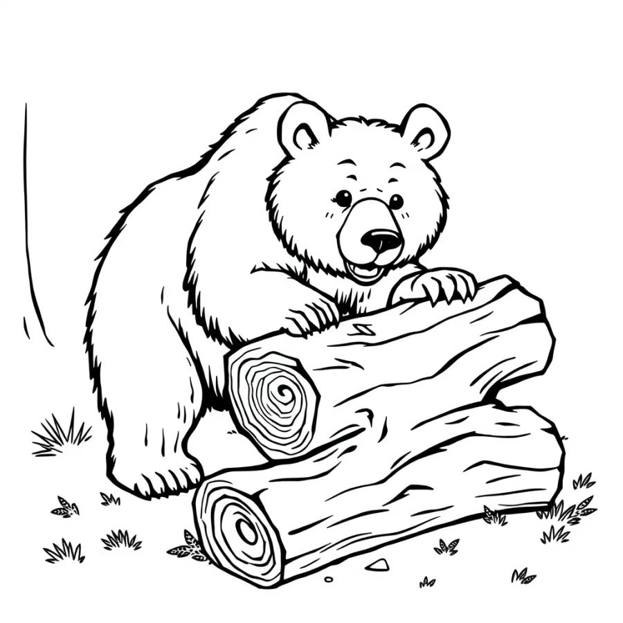 Grizzly Bear Pushing a Rotting Log Coloring Page