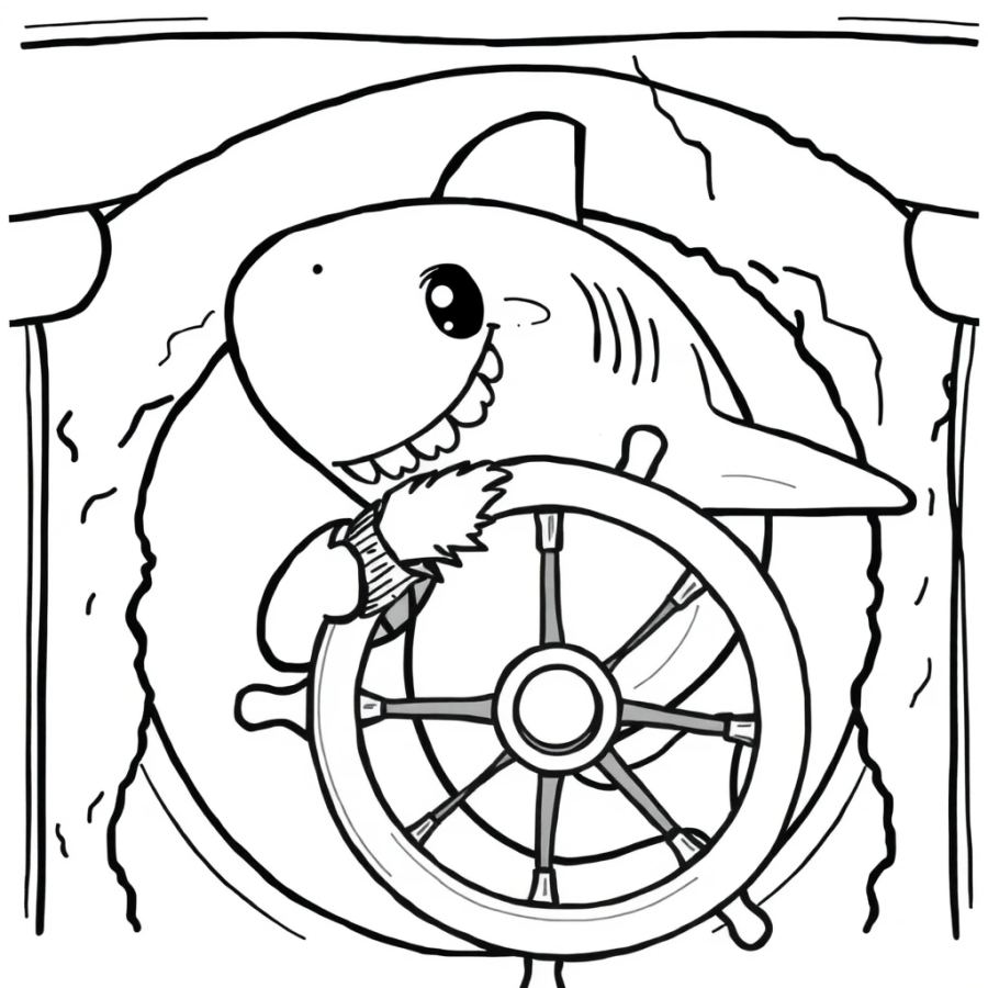 Shark Brushing Past A Mossy Ship Steering Wheel Coloring Page