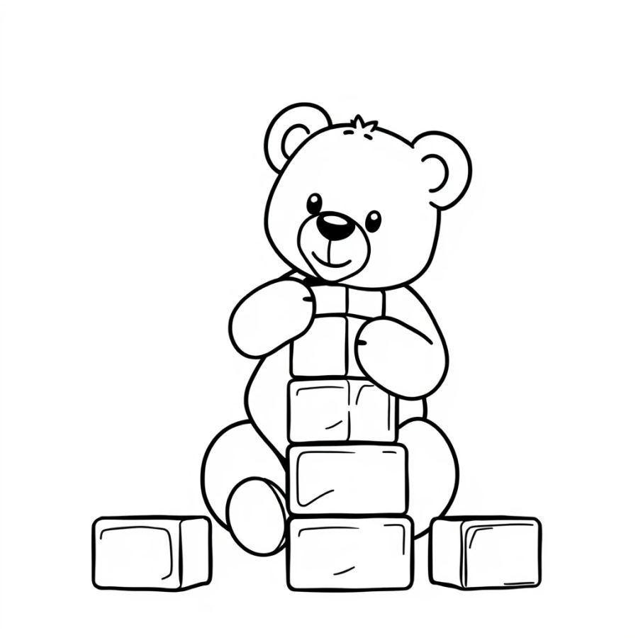 Cute Teddy Bear Building a Block Tower Coloring Page
