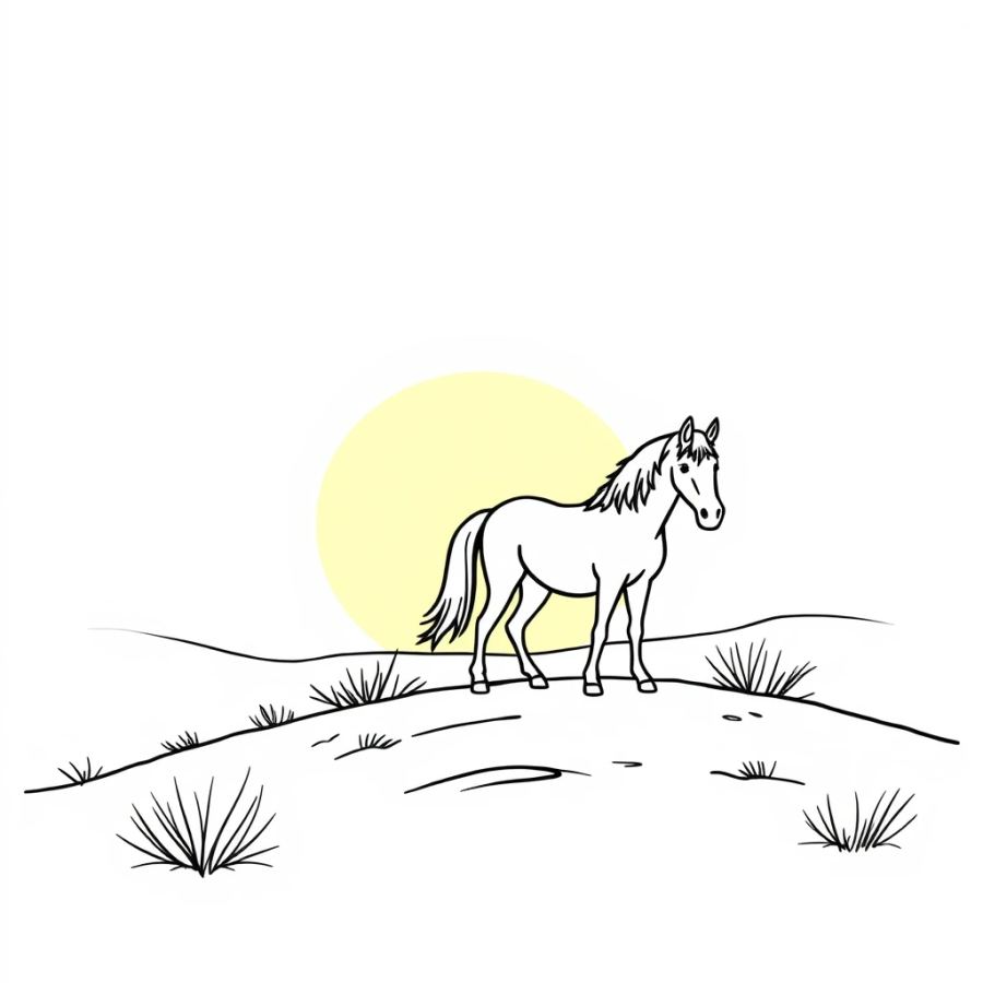Horse Standing Silhouetted On A Desert Mesa At Sunset Coloring Page