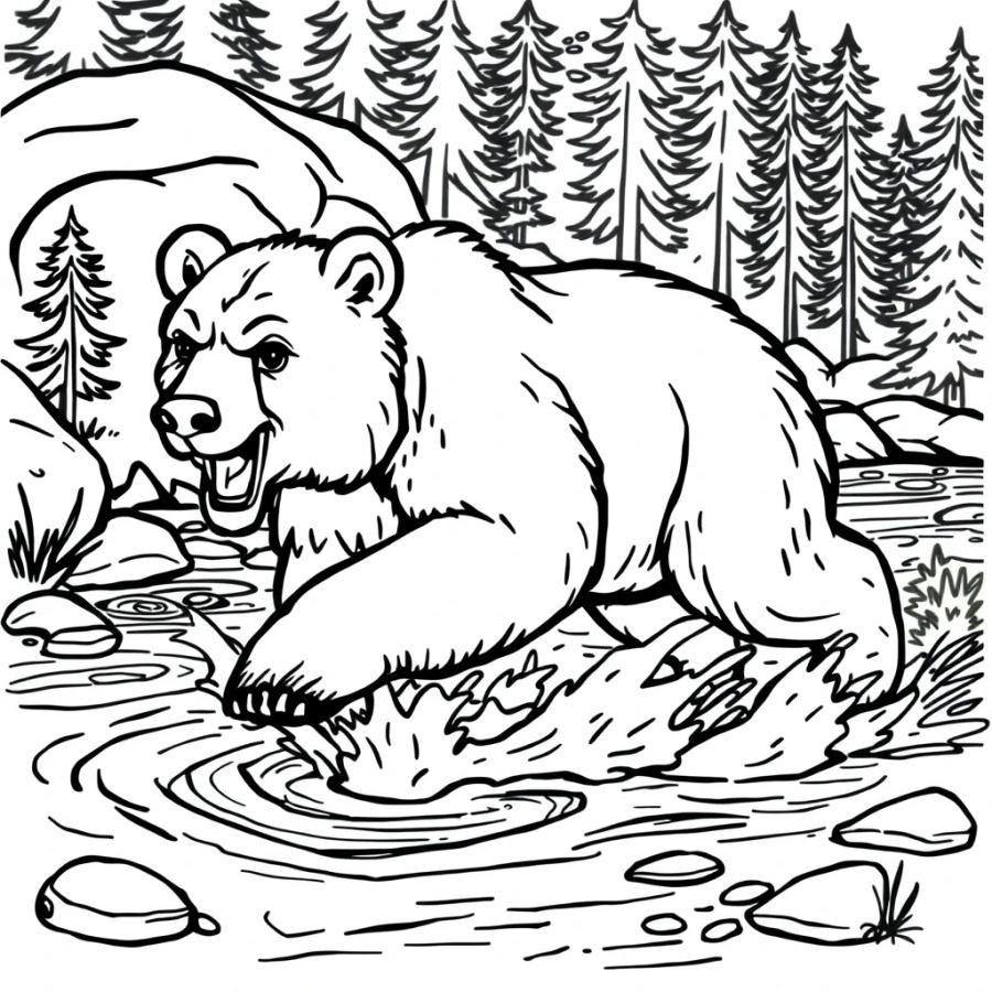 Powerful Grizzly Bear Running Through River Coloring Page
