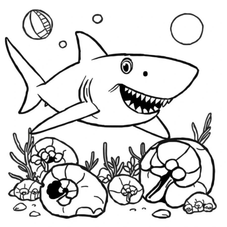 Shark Swimming Past Ancient Fossilized Shells Coloring Page