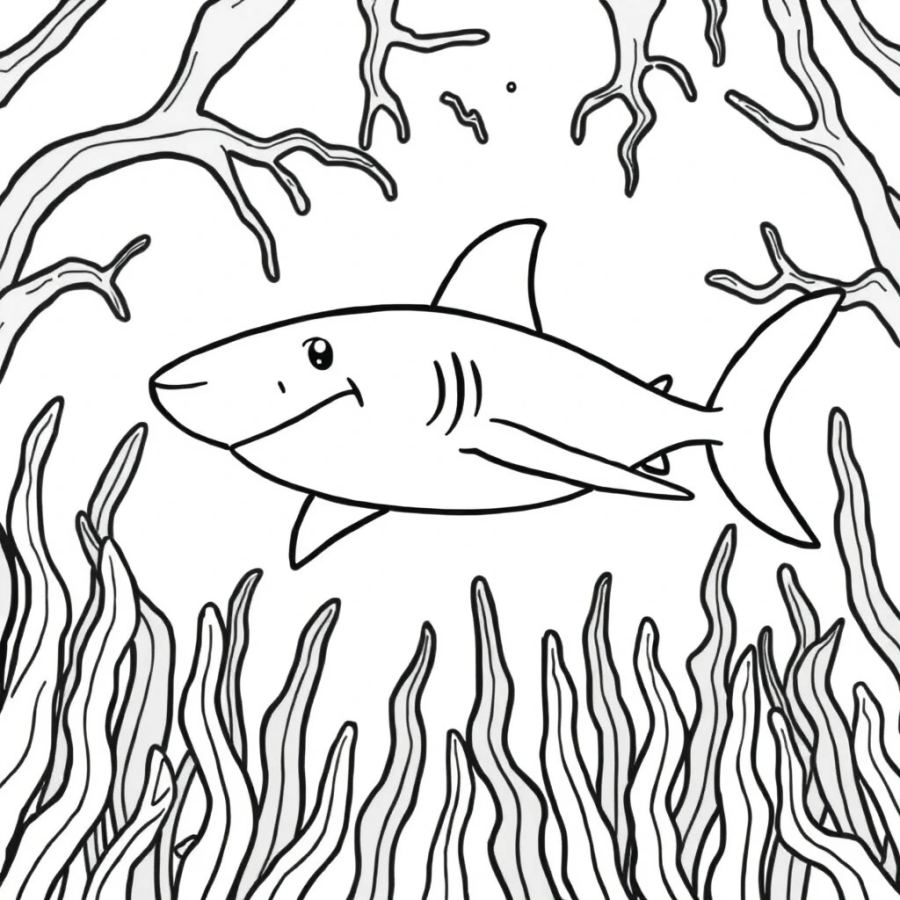 Shark Brushing Past Frozen Underwater Kelp Forests Coloring Page