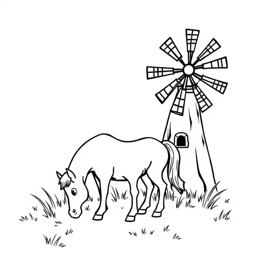Horse Grazing Next To A Spinning Windmill Coloring Page