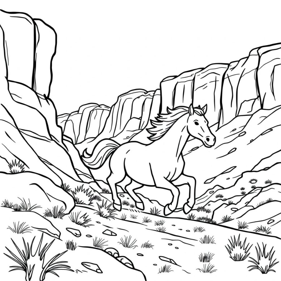 Horse Running Wild Through A Red Rock Canyon Coloring Page