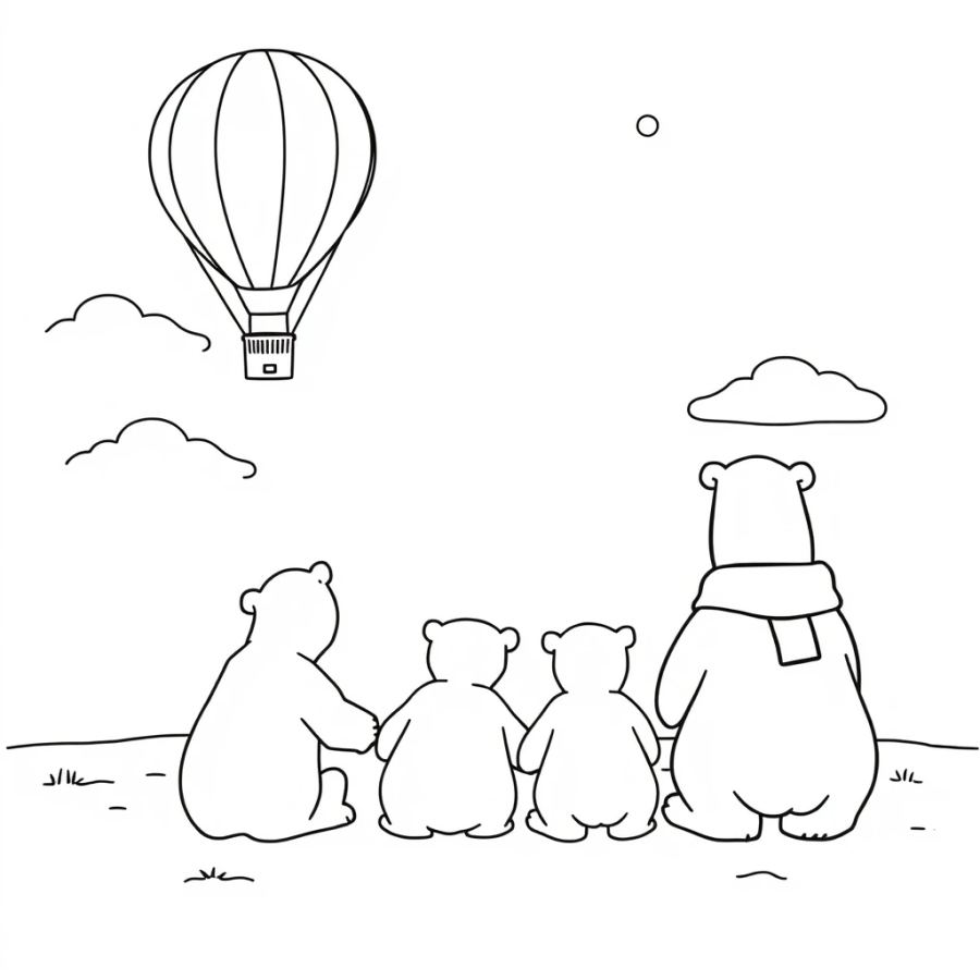 Polar Bear Family Watching A Weather Balloon Float Into The Sky Coloring Page
