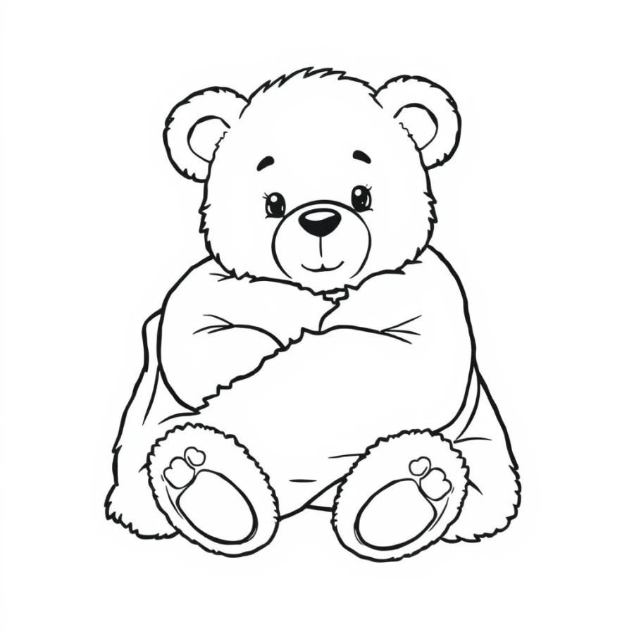 Cozy Teddy Bear in Fluffy Blanket Coloring Page