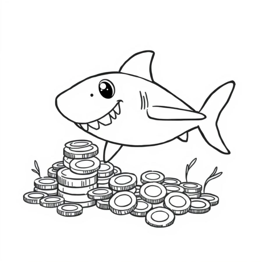 Shark Swimming Past A Pile Of Ancient Gold Coins Coloring Page