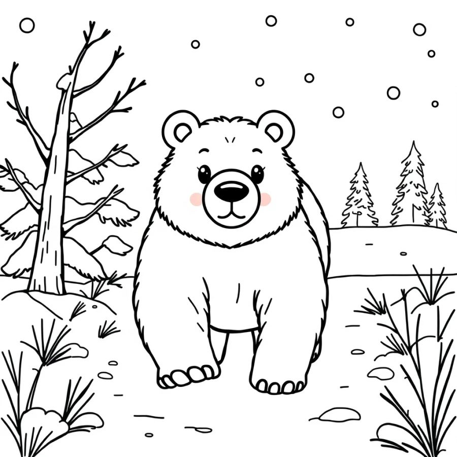 Majestic Grizzly Bear in First Snowfall Coloring Page