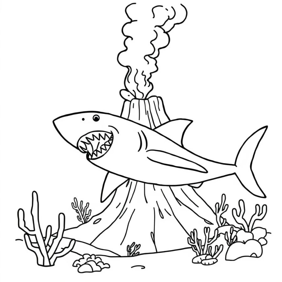 Shark Dodging An Underwater Volcano Eruption Coloring Page