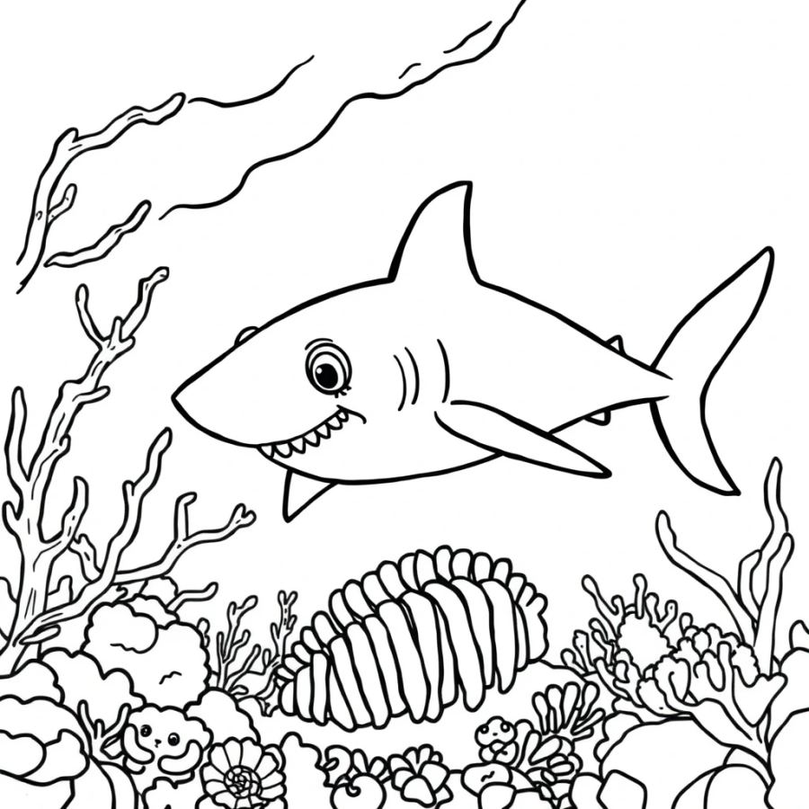Shark Swimming Through An Ancient Trilobite Reef Coloring Page
