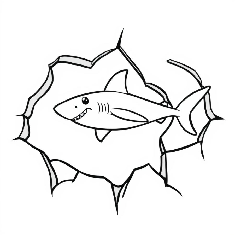 Shark Swimming Under A Cracked Ice Sheet Coloring Page
