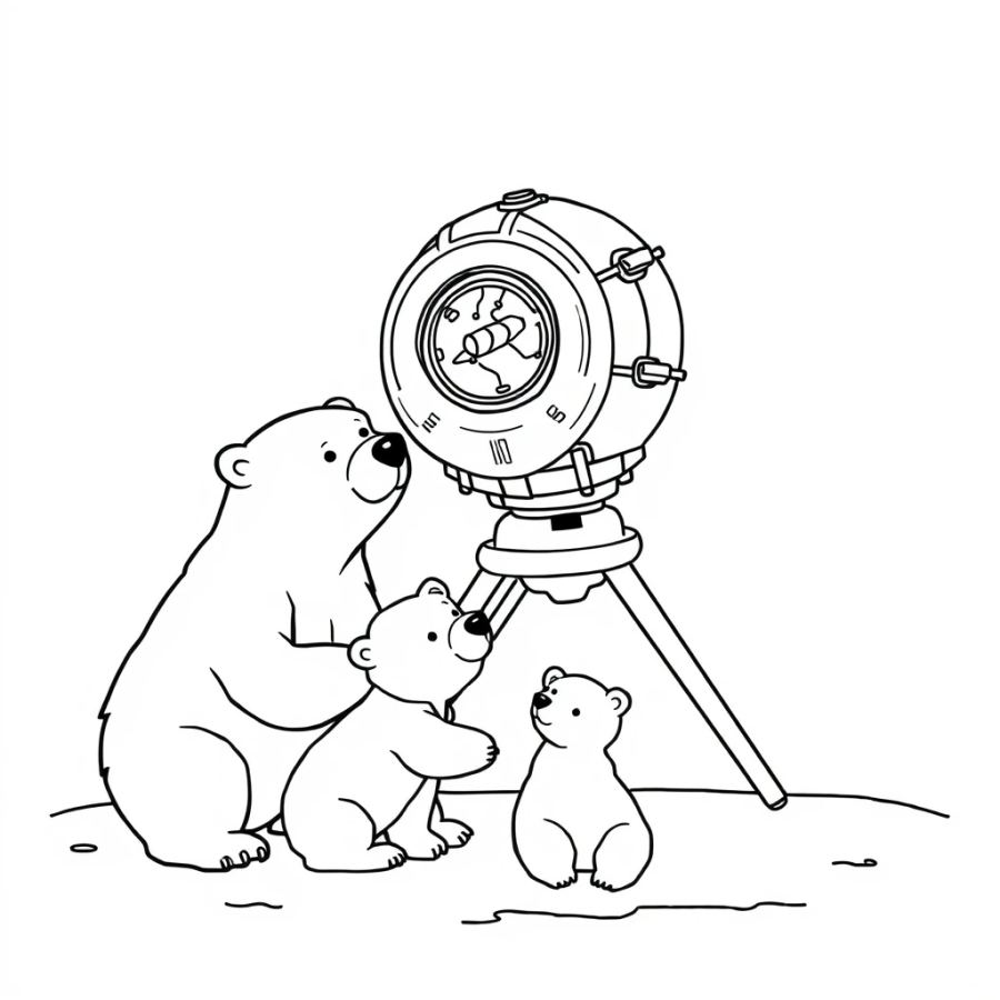 Polar Bear Family Inspecting A High-Tech Weather Satellite Coloring Page