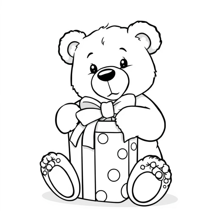 Cute Teddy Bear Opening a Gift Coloring Page
