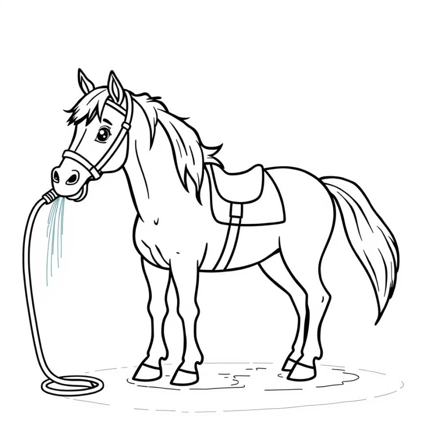 Horse Cooling Down With A Water Hose After A Race Coloring Page