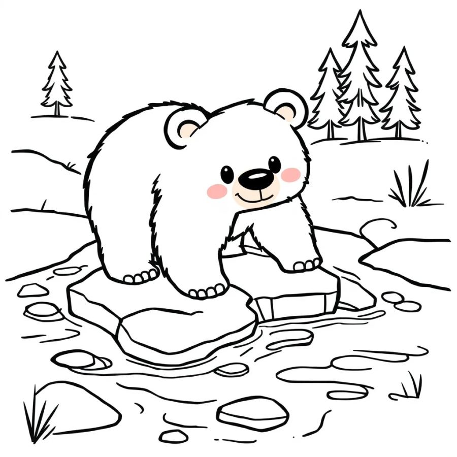 Majestic Grizzly Bear Crossing Thawing Spring River Coloring Page