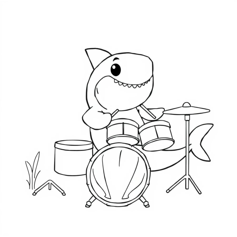 Shark Playing A Drum Set Made Of Clam Shells Coloring Page