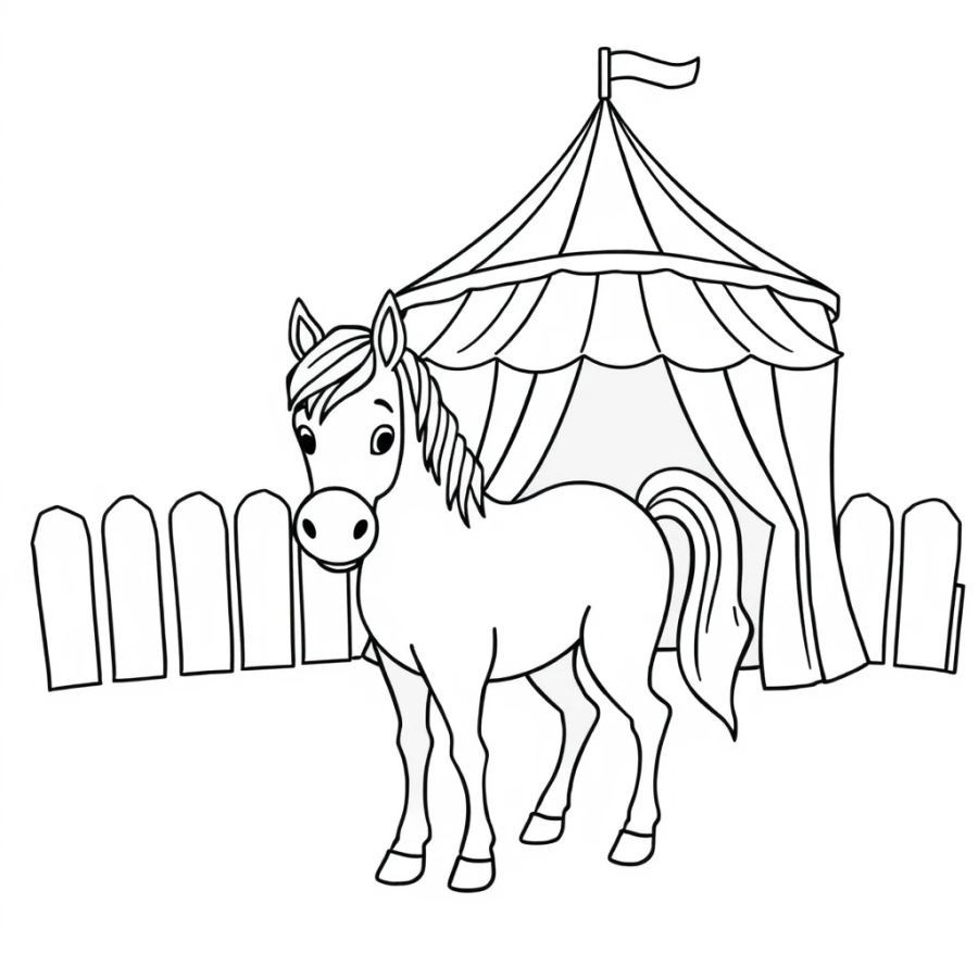 Horse Standing Next To A Striped Circus Tent Coloring Page