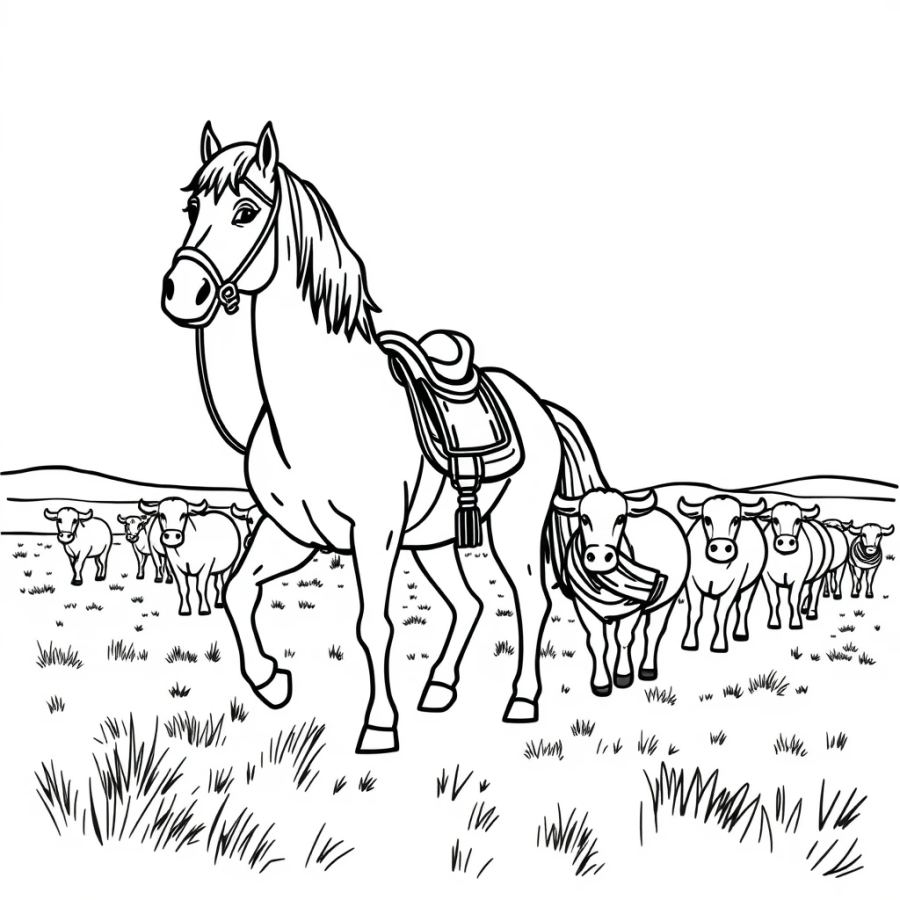 Horse Herding Cattle Across An Open Plain Coloring Page