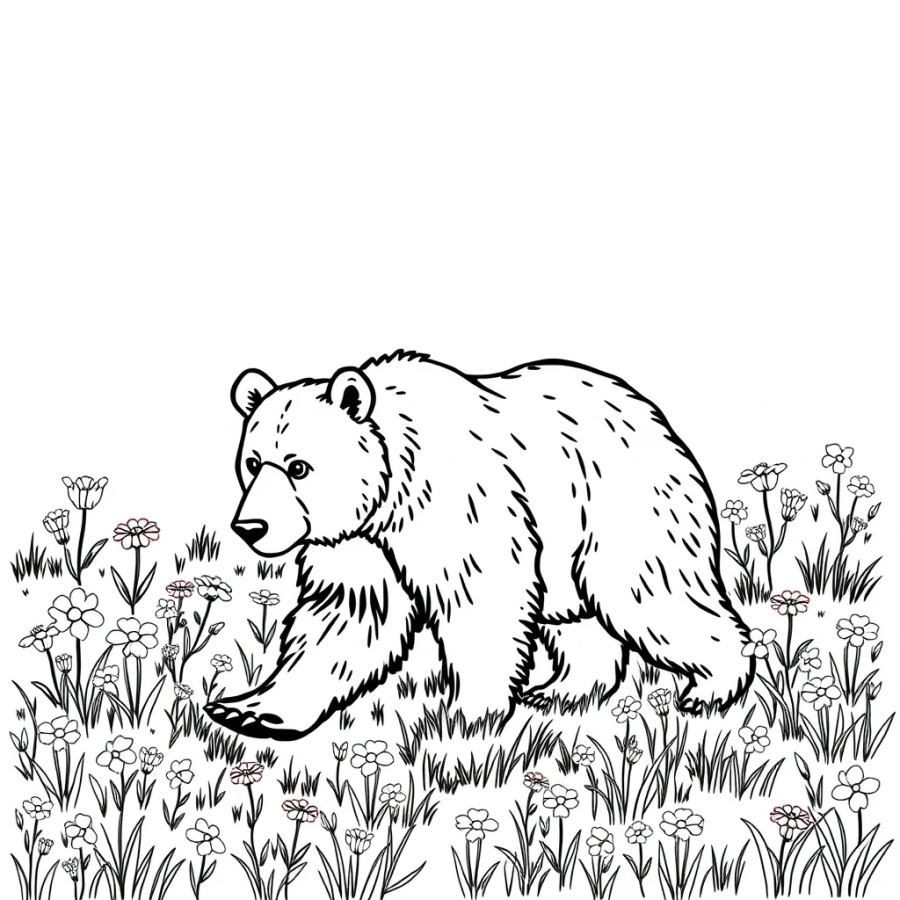 Grizzly Bear Walking Through A Field Of Spring Wildflowers Coloring Page