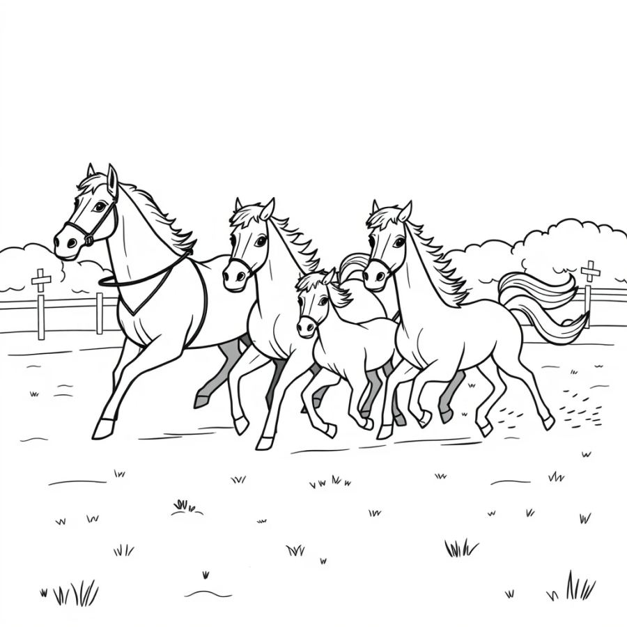 Horse Family Galloping Across A Polo Field Coloring Page