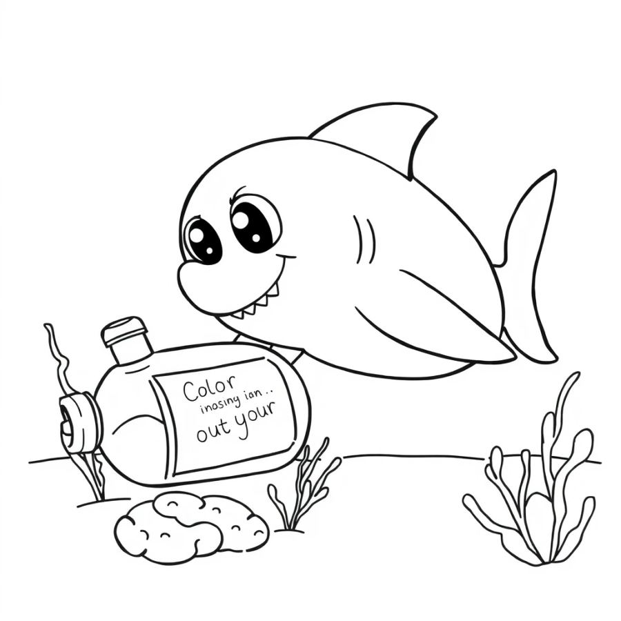 Shark Investigating A Message In A Bottle On The Sea Floor Coloring Page