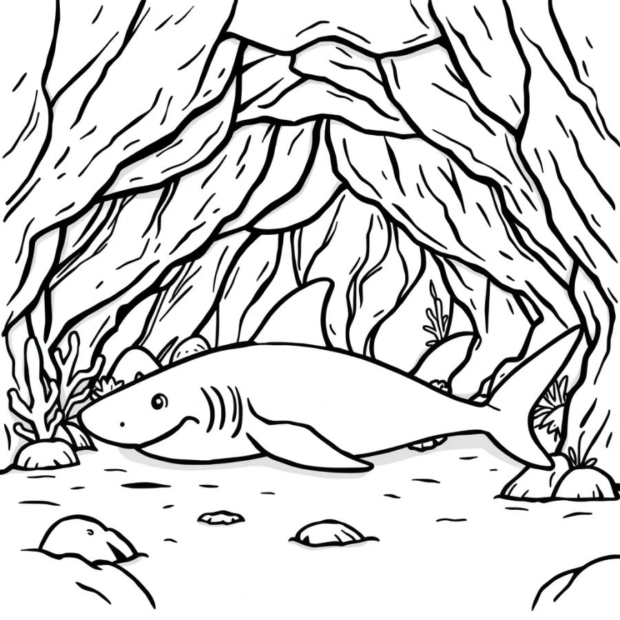 Shark Resting In A Prehistoric Underwater Cave Coloring Page