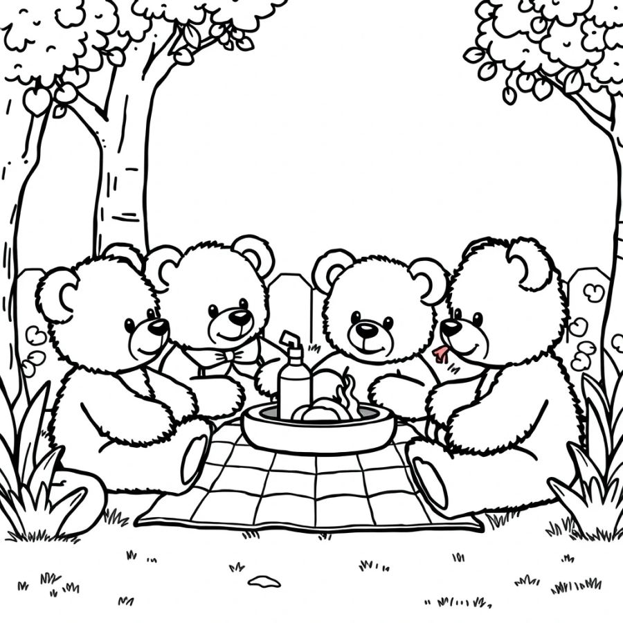 Charming Teddy Bears' Backyard Picnic Coloring Page