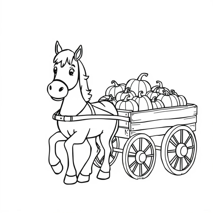 Horse Pulling A Wooden Cart Filled With Pumpkins Coloring Page