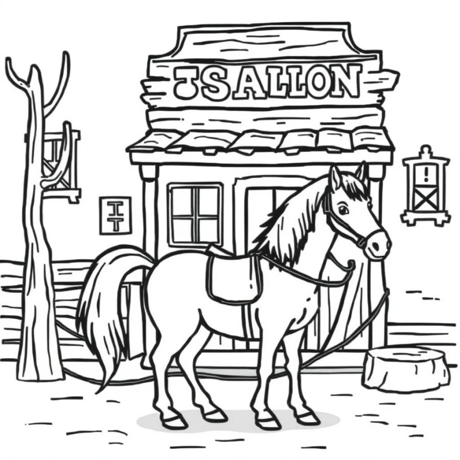 Horse Tied Up Outside An Old Western Saloon Coloring Page