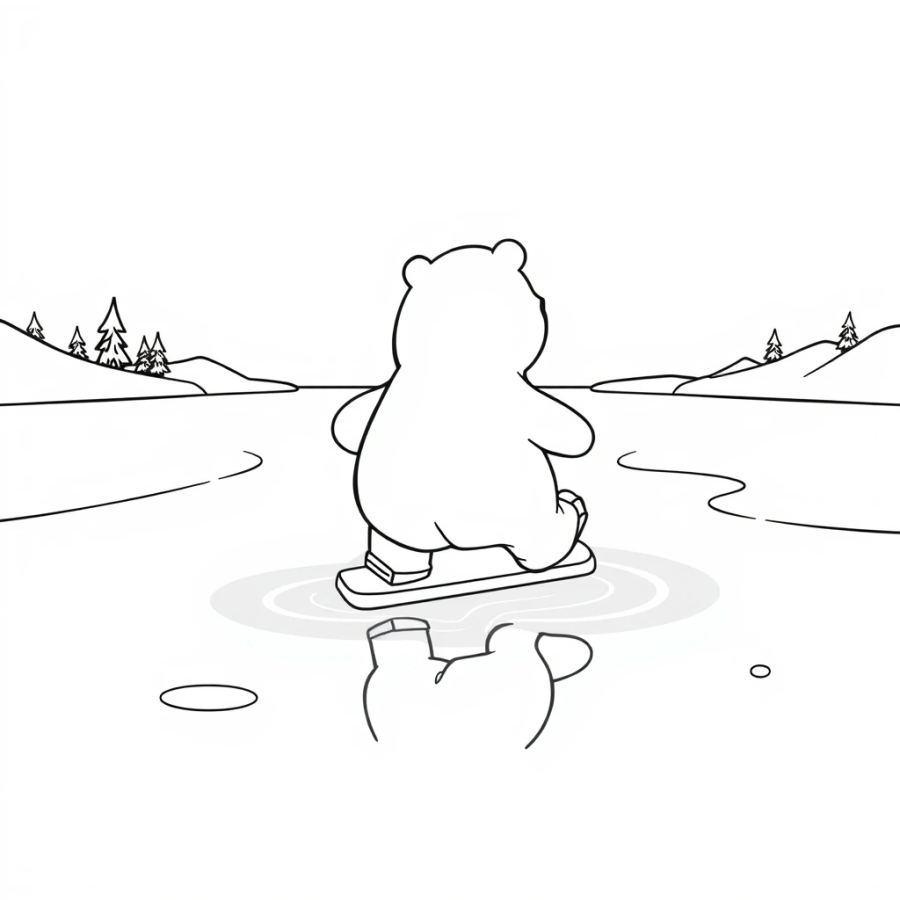 Polar Bear Ice Skating Backward On A Frozen Lake Coloring Page