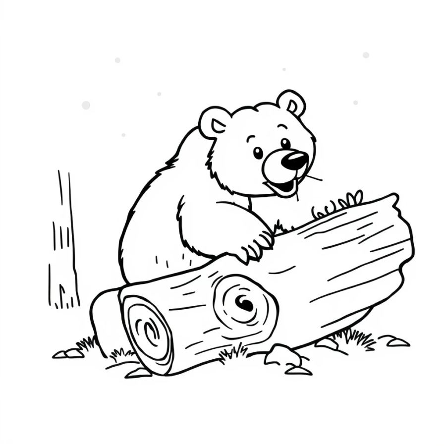 Mighty Grizzly Bear Pushing a Forest Log Coloring Page