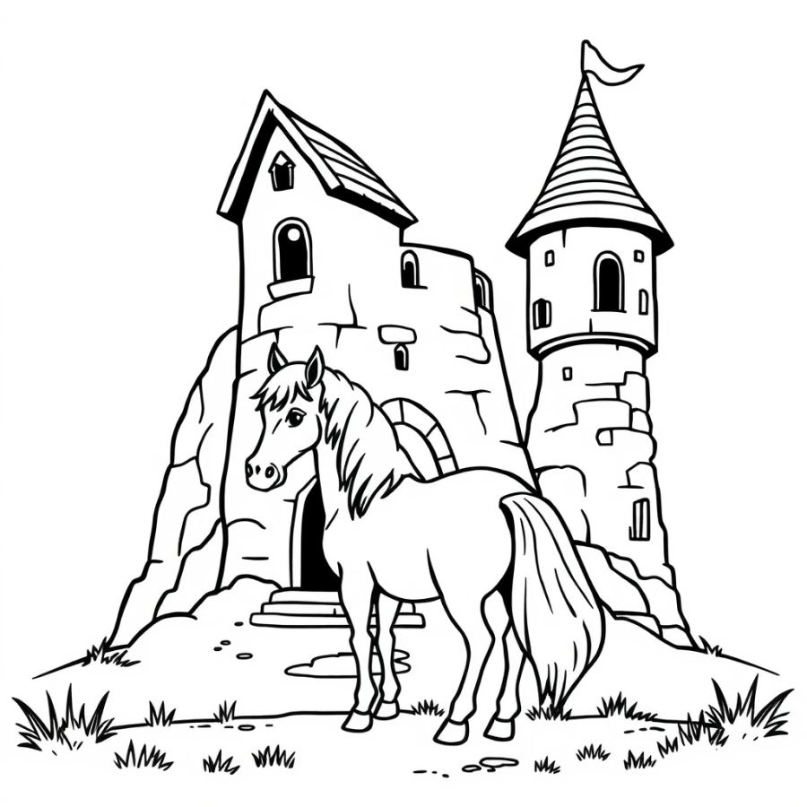 Horse Waiting Outside A Wizard's Tower Coloring Page