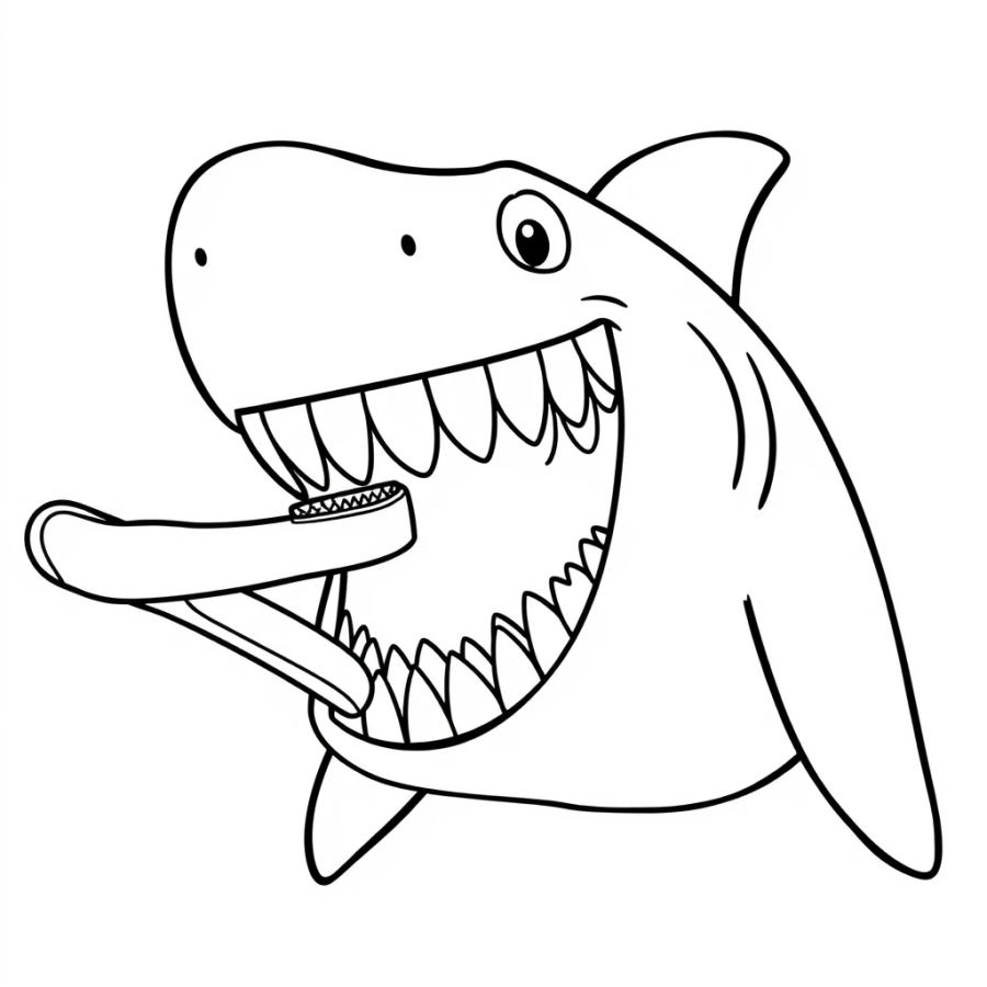 Shark Brushing Its Many Rows Of Teeth With A Giant Toothbrush Coloring Page