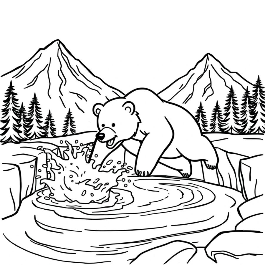 Splashing Grizzly Bear Diving Coloring Page