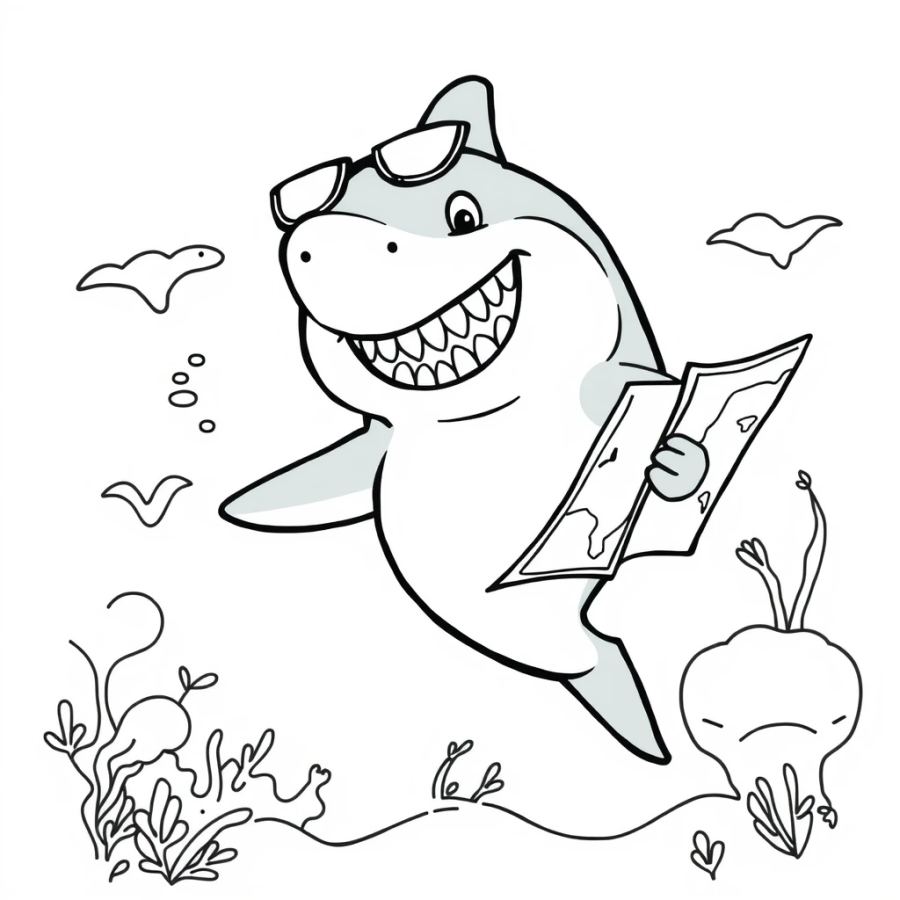 Shark Reading A Map Of The Ocean Coloring Page